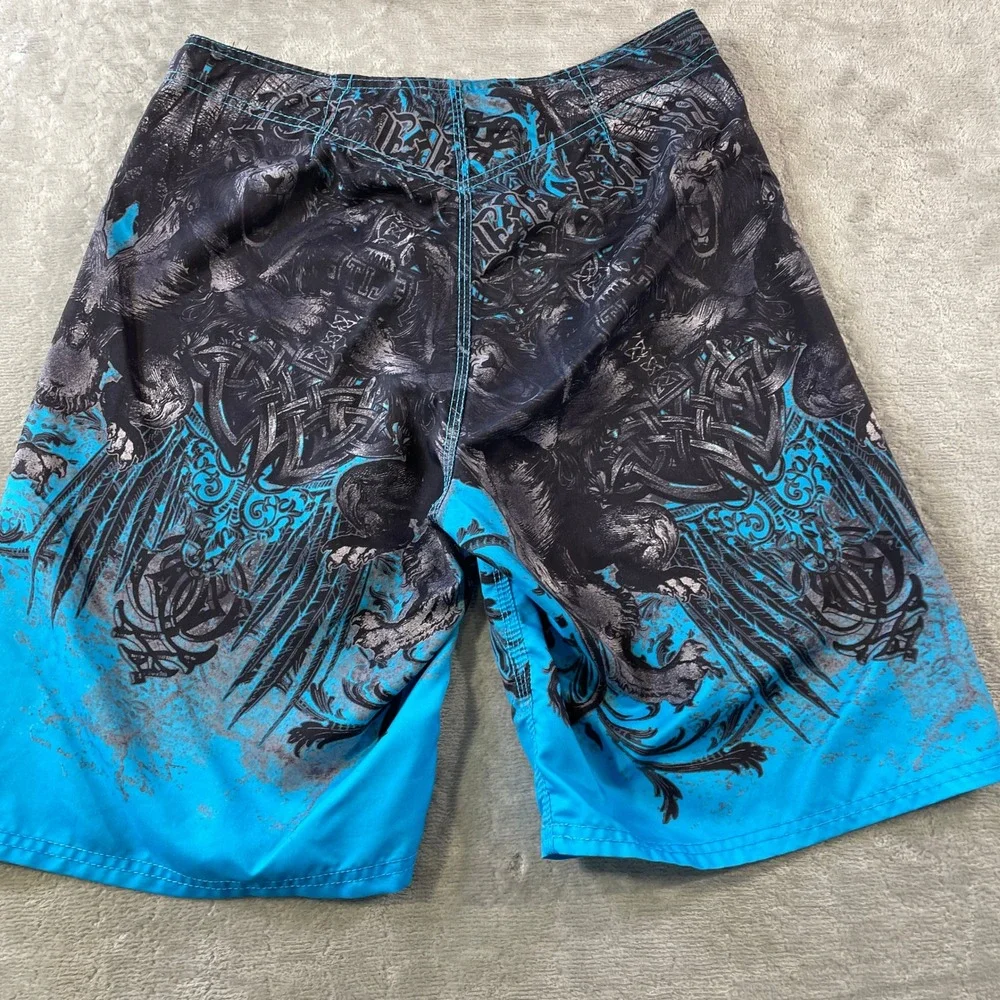 MMA Elite Board Shorts Mens Medium Black Blue Lion Y2K MMA Fighting Training